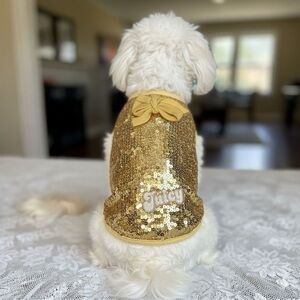 Y2K JUICY COUTURE GOLD SEQUIN DOG TEE SHIRT SZ MEDIUM NEW SUPERHERO COSTUME CAPE